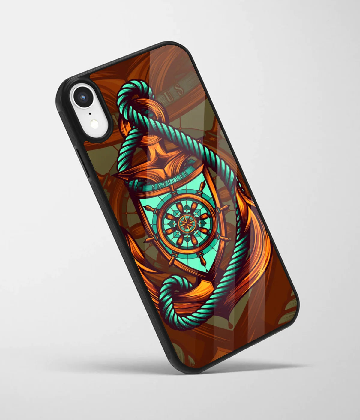 An angled view of a glass phone case featuring a vibrant design.