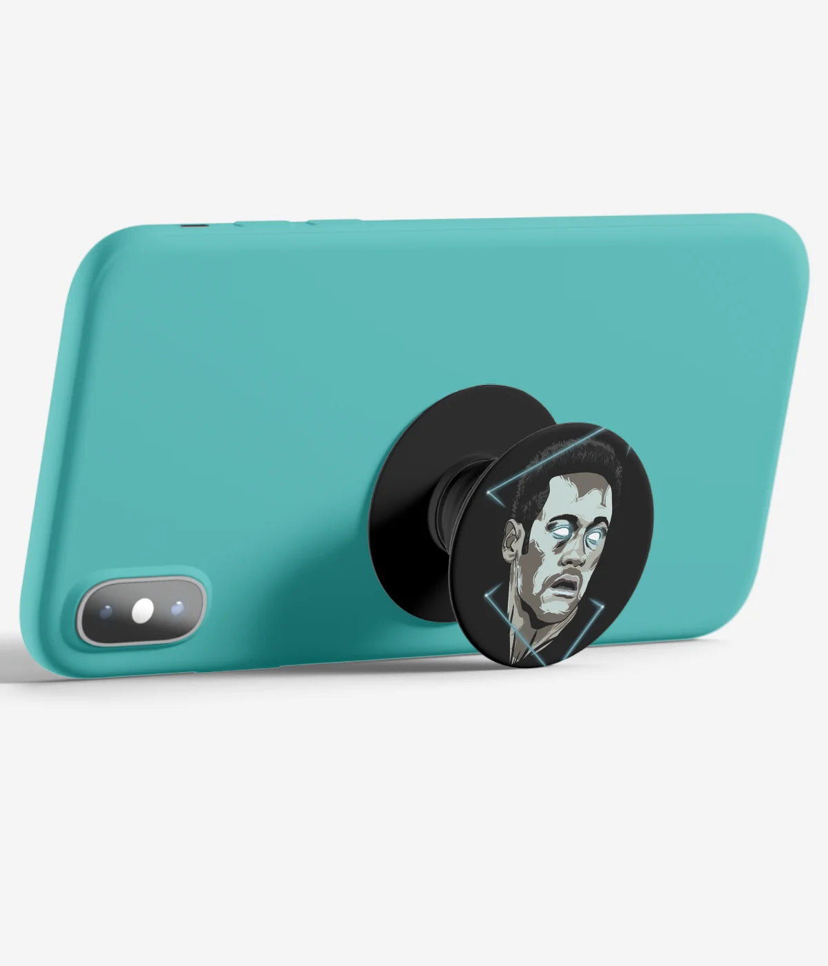 An image demonstrating how to use the phone grip as a stand to hold a mobile phone in landscape mode for hands-free viewing