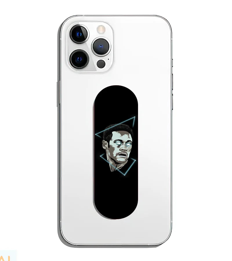 A phone grip slider applied to the back of a smartphone.