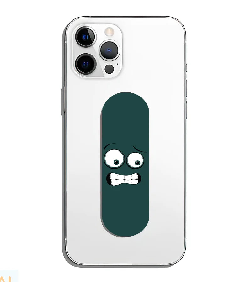 A phone grip slider applied to the back of a smartphone.
