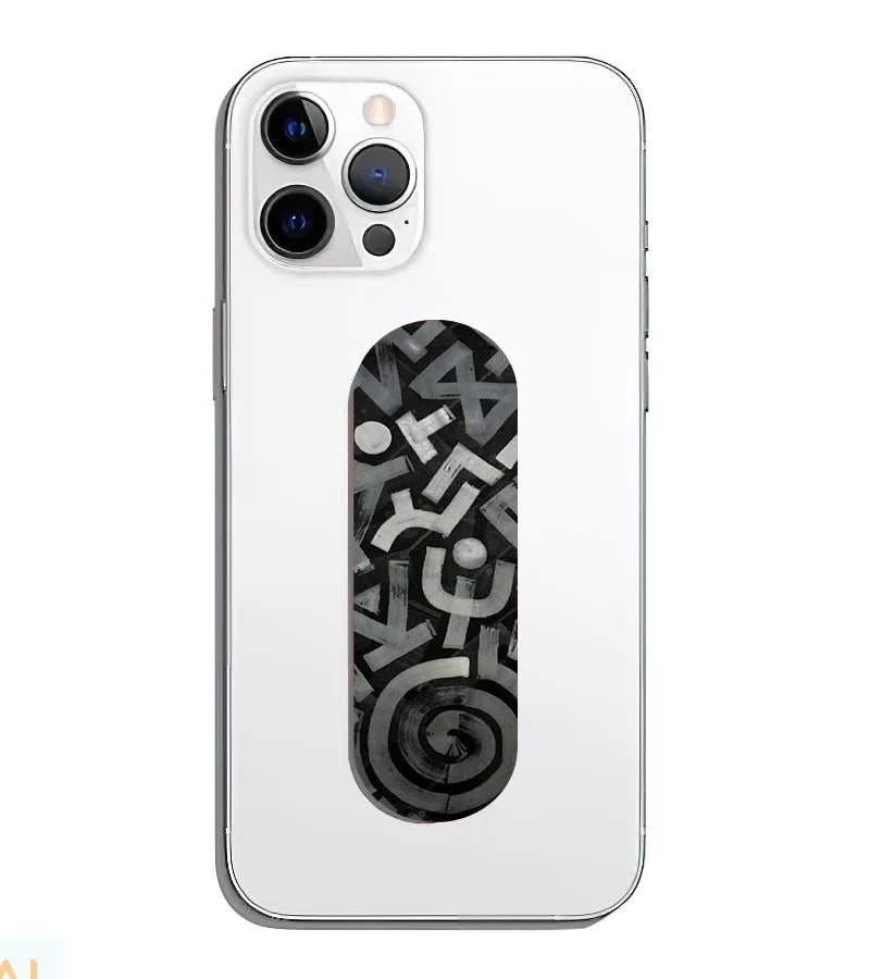 A phone grip slider applied to the back of a smartphone.