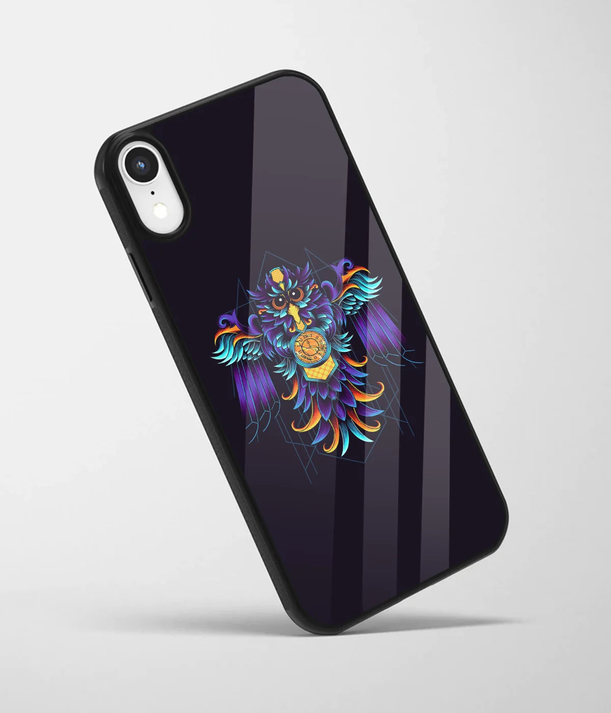 An angled view of a glass phone case featuring a vibrant design.