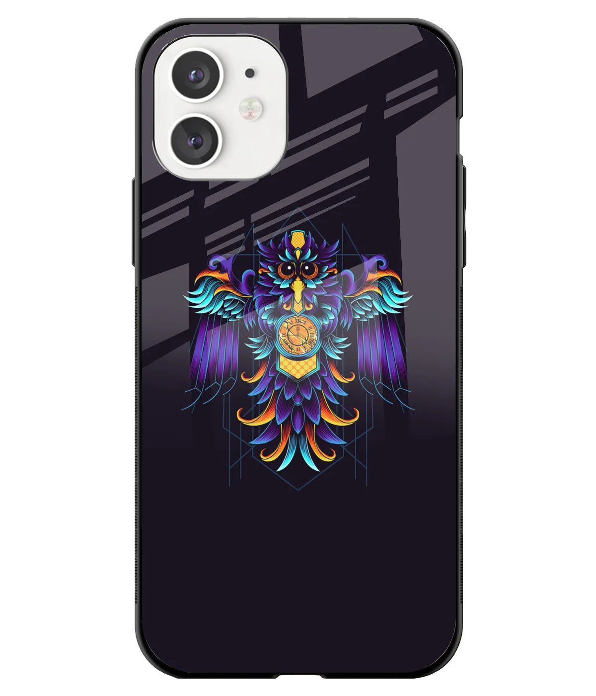 A front-on view of a glass phone case with a colorful design.