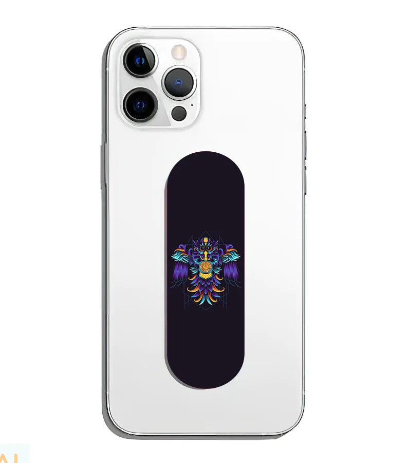 A phone grip slider applied to the back of a smartphone.