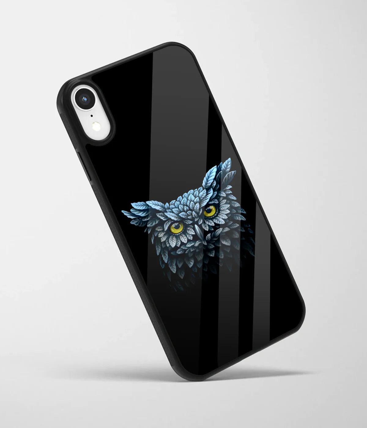 An angled view of a glass phone case featuring a vibrant design.