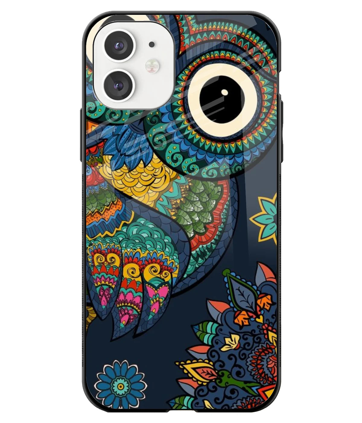 A front-on view of a glass phone case with a colorful design.