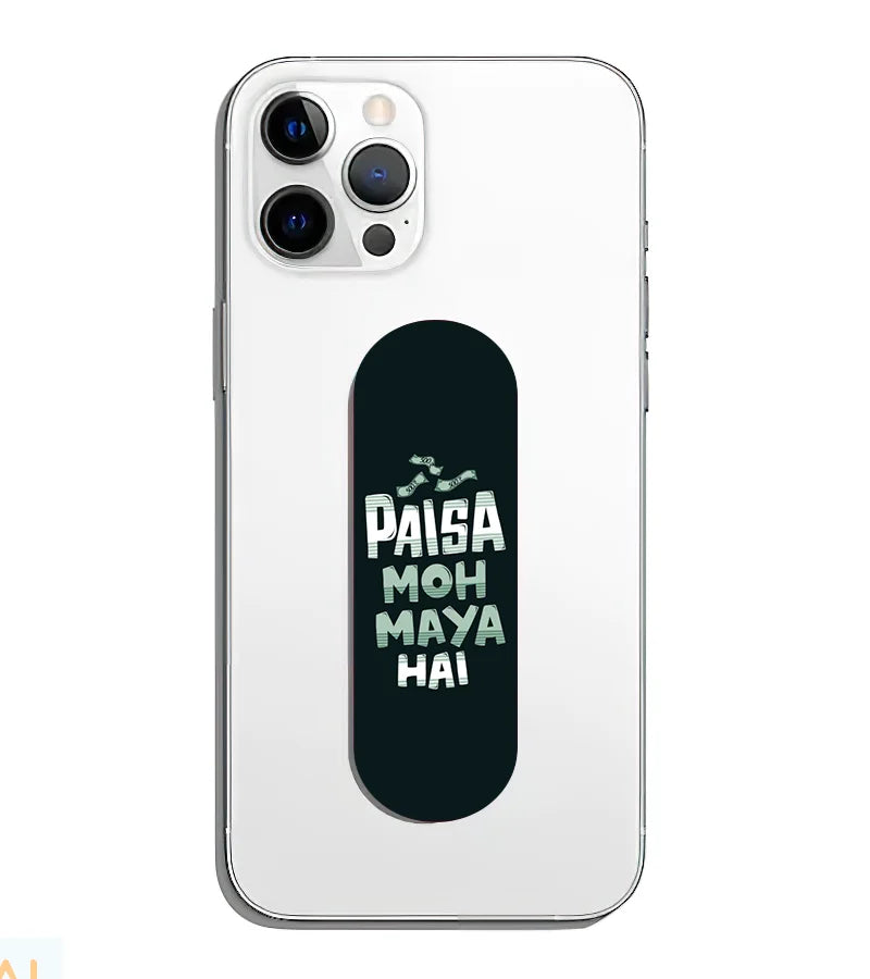 A phone grip slider applied to the back of a smartphone.
