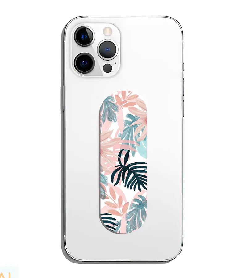 A phone grip slider applied to the back of a smartphone.