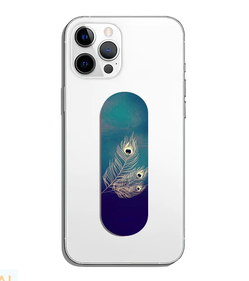 A phone grip slider applied to the back of a smartphone.