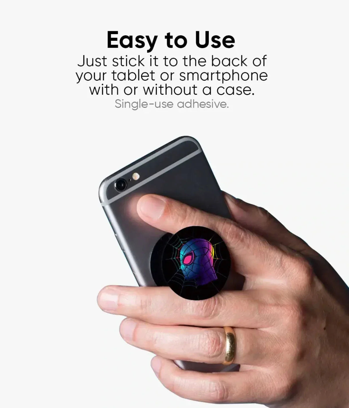 An illustration of a phone grip to demonstrate how to use it.