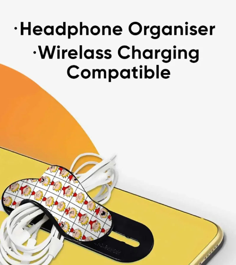 An image showcasing the phone grip slider used as a headphone organizer.
