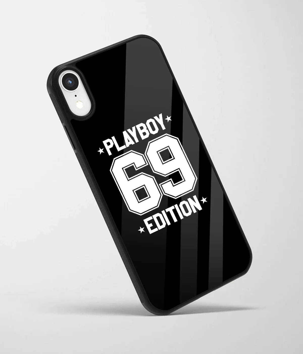 An angled view of a glass phone case featuring a vibrant design.