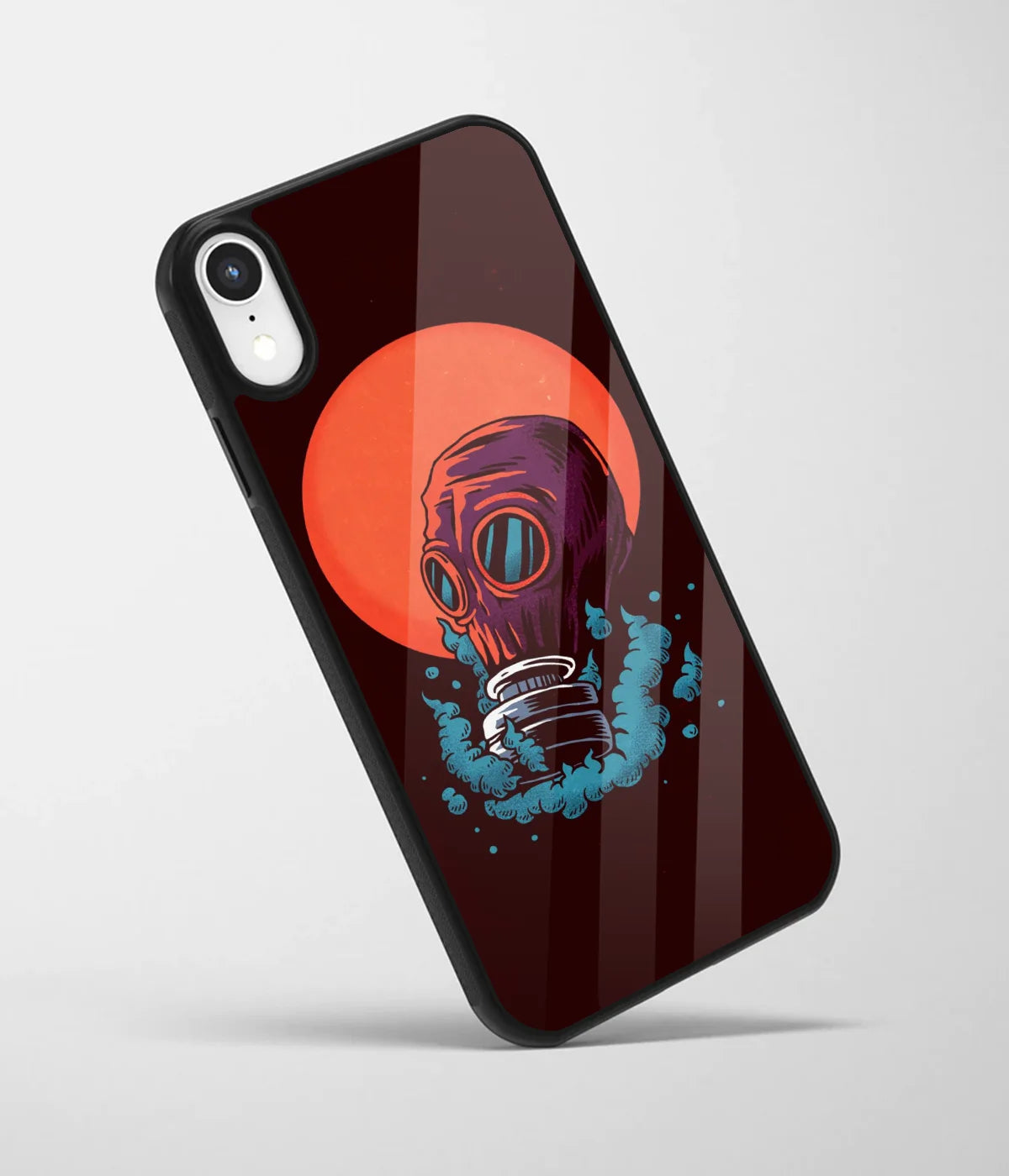 An angled view of a glass phone case featuring a vibrant design.
