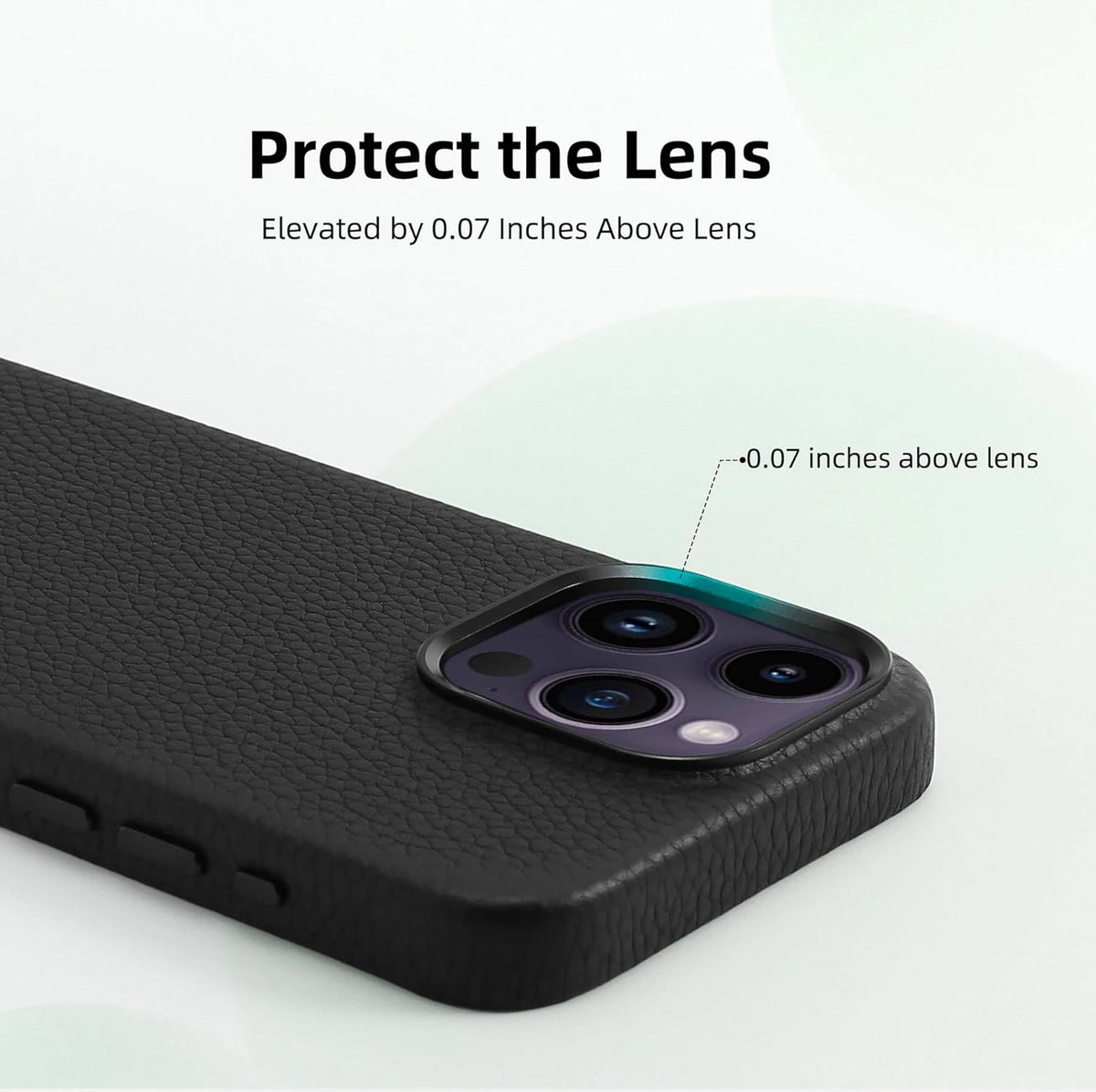 Detailed view of the premium leather iPhone case, showcasing the 0.07-inch raised lip designed to protect the camera lens.