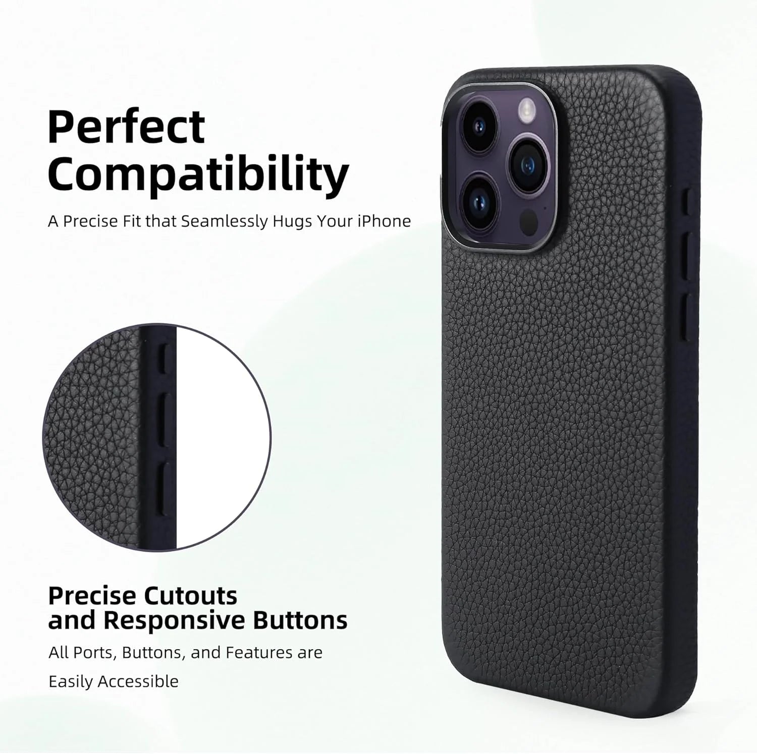 Infographic of the premium leather iPhone case demonstrating precise cutouts and responsive side buttons for easy access.