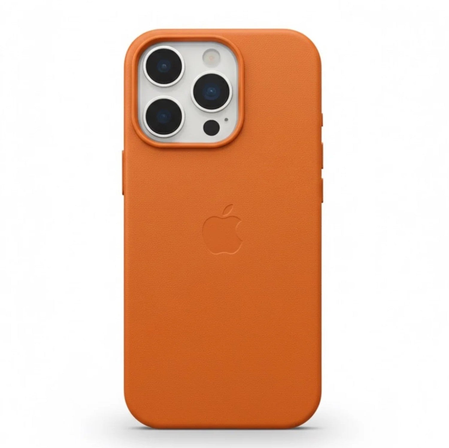 Full back view of an premium orange leather iPhone case with MagSafe compatibility.