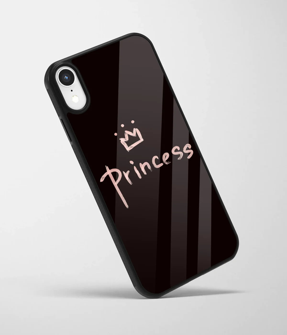 An angled view of a glass phone case featuring a vibrant design.