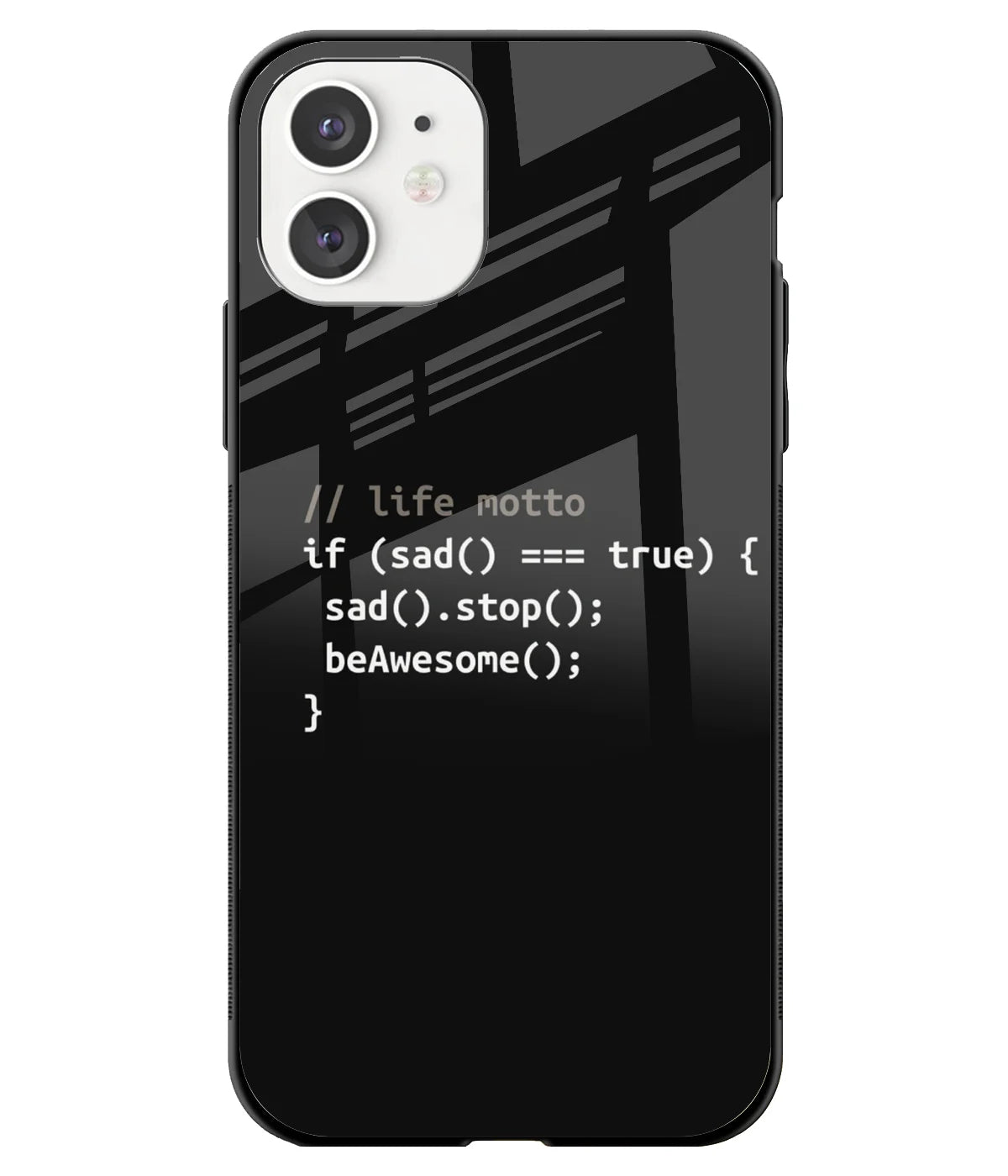 A front-on view of a glass phone case with a colorful design.