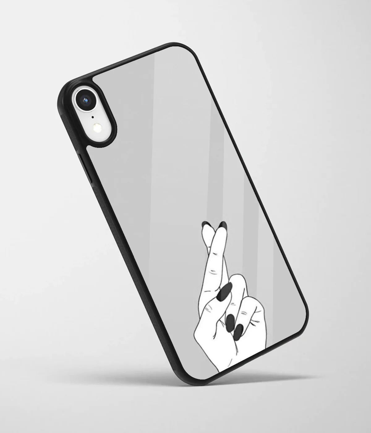 An angled view of a glass phone case featuring a vibrant design.