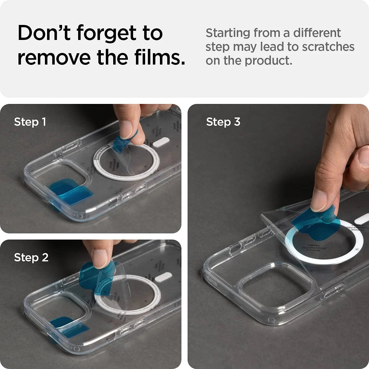 Step-by-step instruction guide reminding users to peel off the protective films from both the inside and outside of the case before use to ensure clarity.