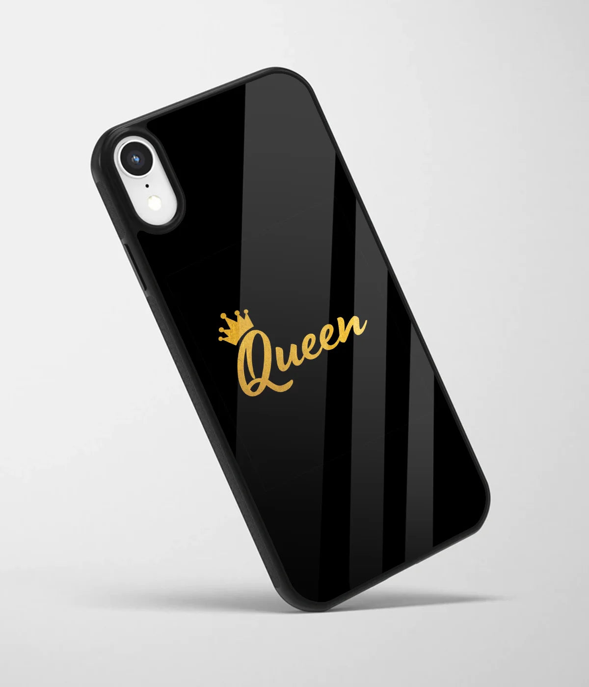 An angled view of a glass phone case featuring a vibrant design.