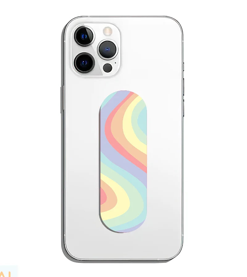 A phone grip slider applied to the back of a smartphone.