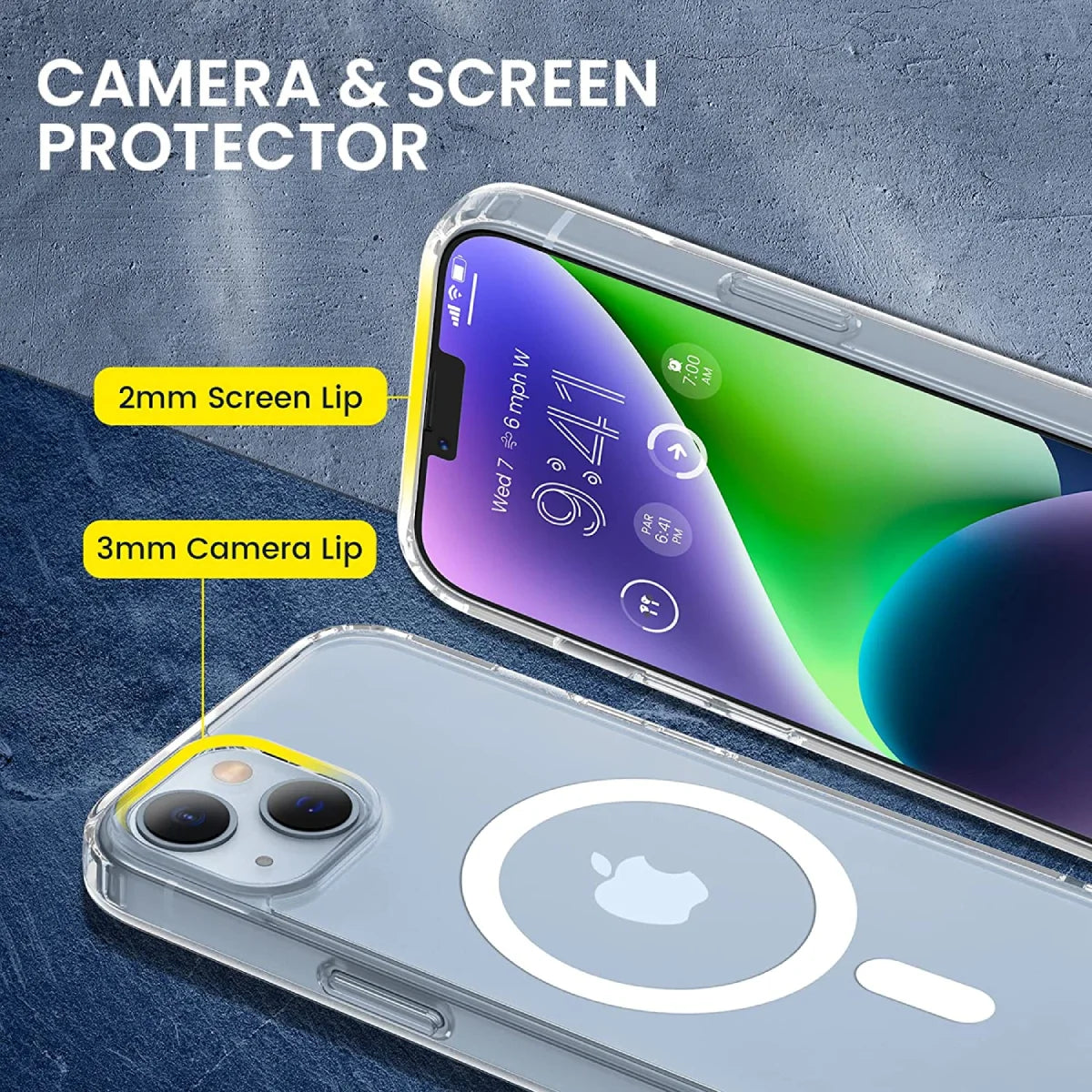 iPhone MagSafe clear case showcasing protective features, including a raised screen and camera lip to prevent surface scratches and impact damage.