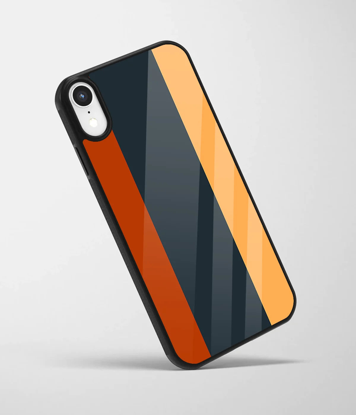 An angled view of a glass phone case featuring a vibrant design.