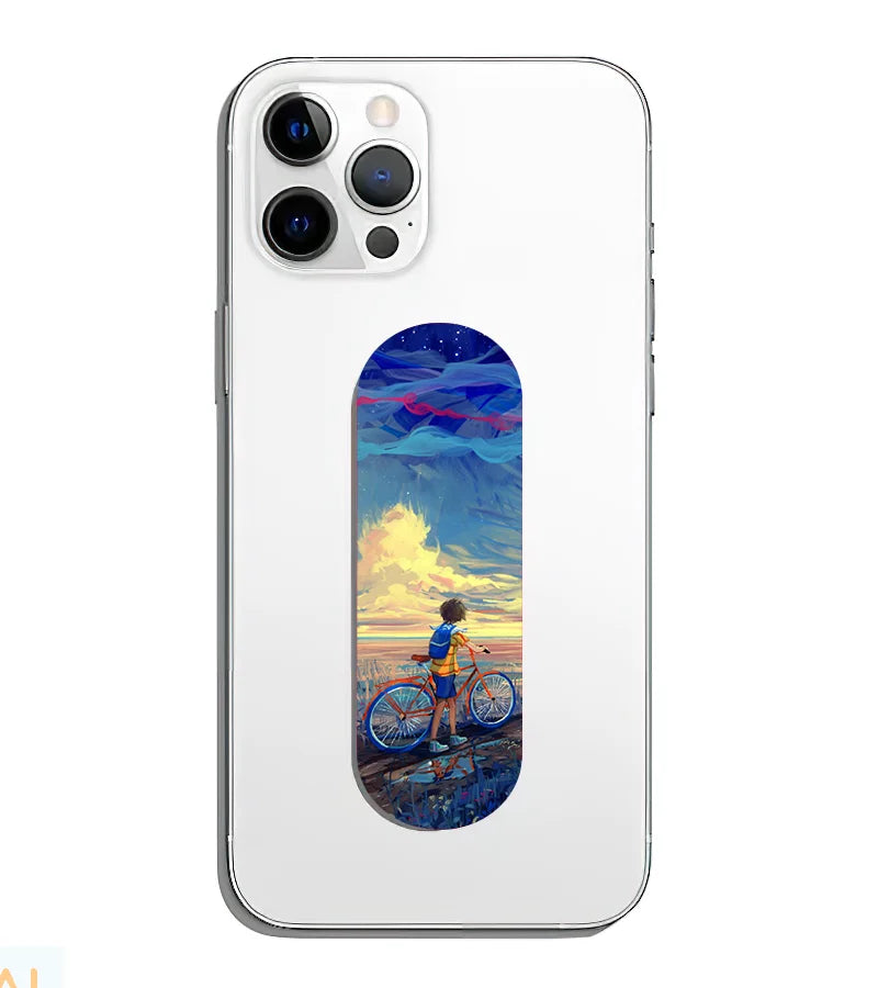 A phone grip slider applied to the back of a smartphone.