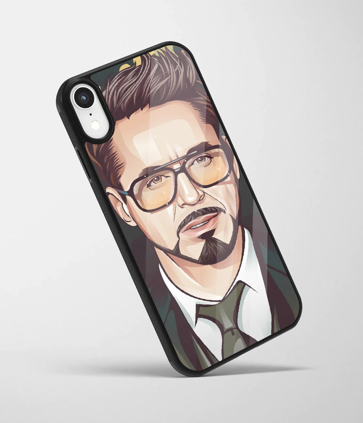 An angled view of a glass phone case featuring a vibrant design.