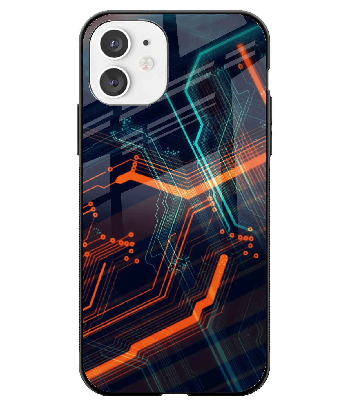 A front-on view of a glass phone case with a colorful design.