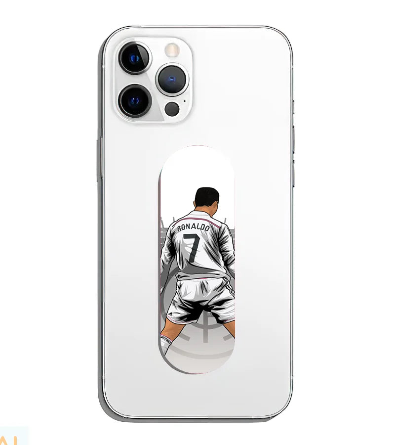 A phone grip slider applied to the back of a smartphone.