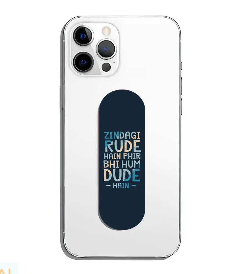 A phone grip slider applied to the back of a smartphone.