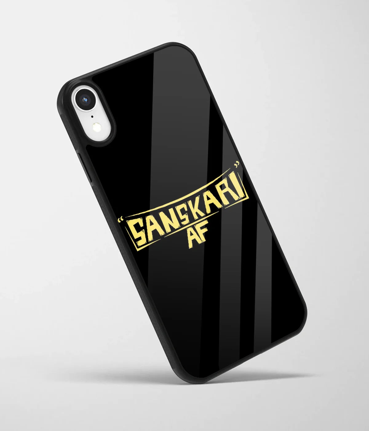 An angled view of a glass phone case featuring a vibrant design.