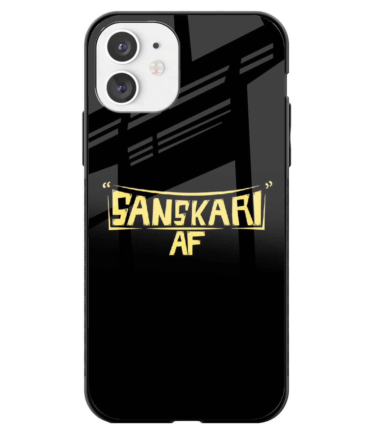 A front-on view of a glass phone case with a colorful design.