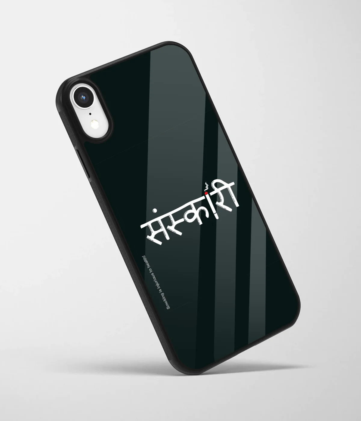 An angled view of a glass phone case featuring a vibrant design.