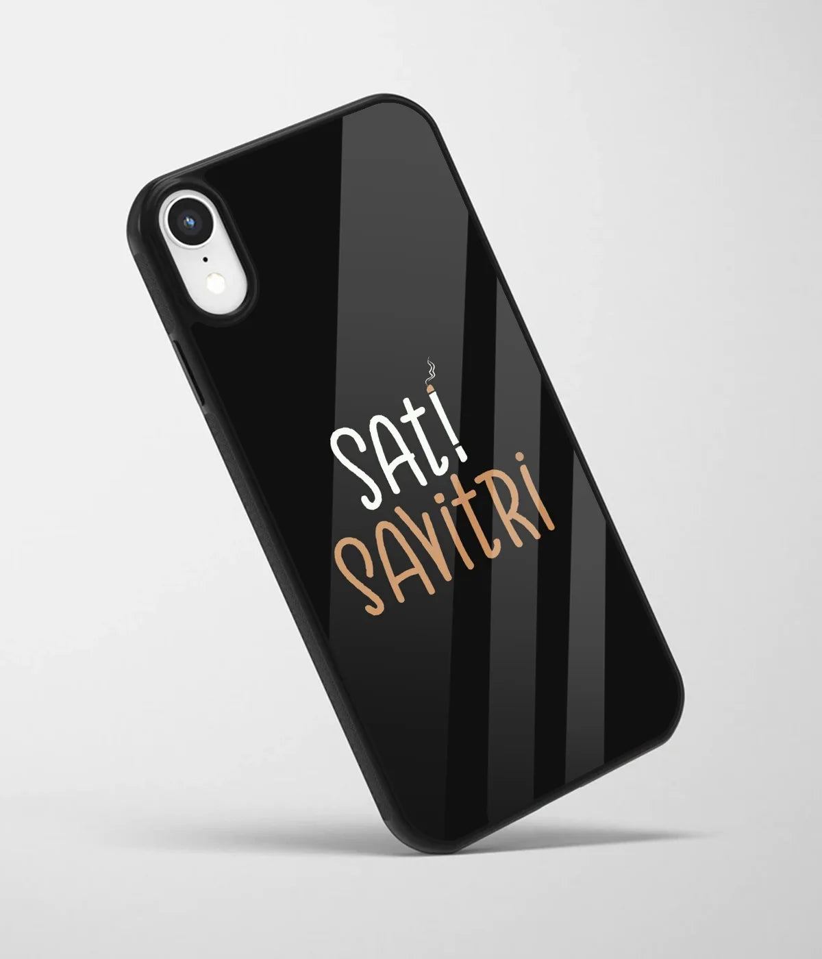 An angled view of a glass phone case featuring a vibrant design.