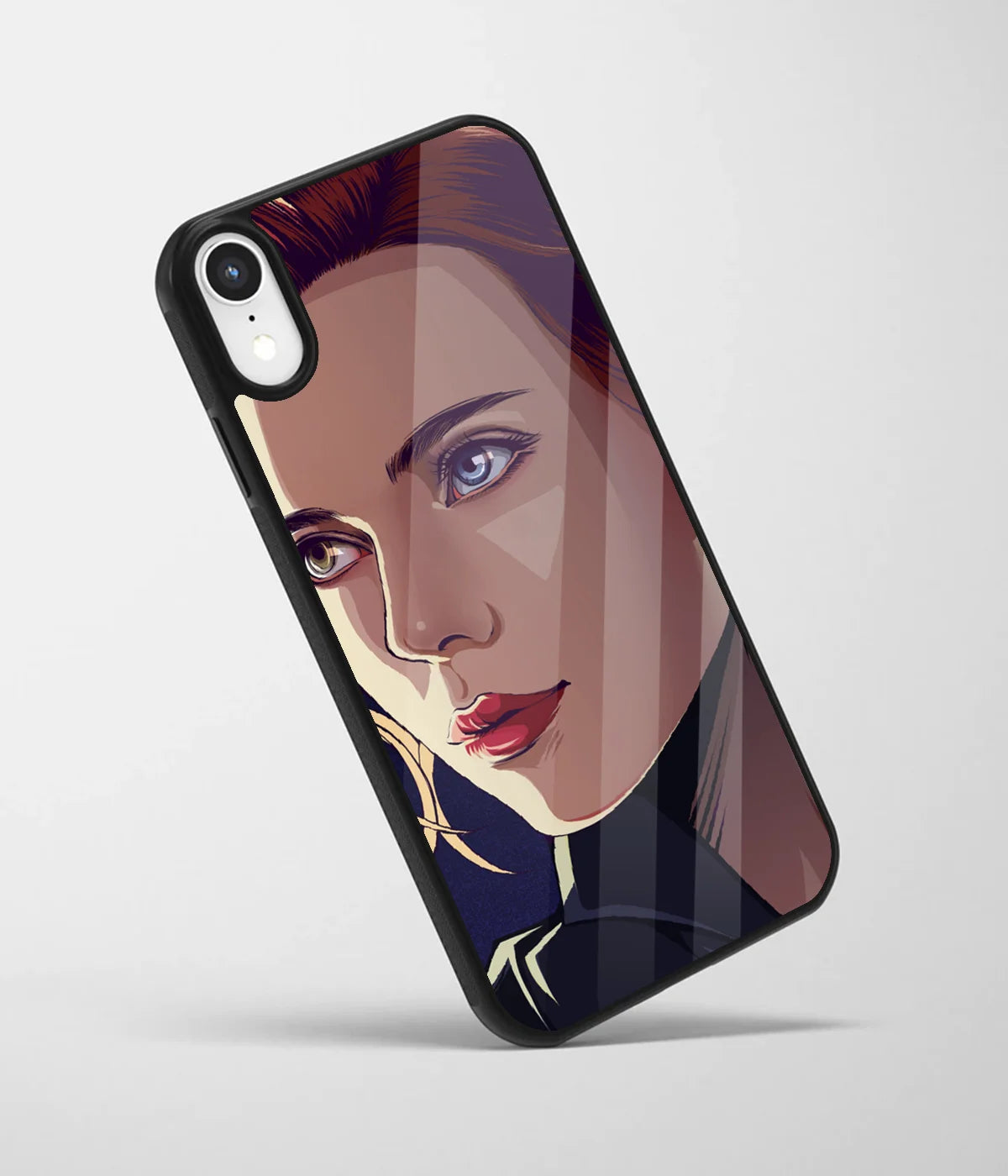 An angled view of a glass phone case featuring a vibrant design.
