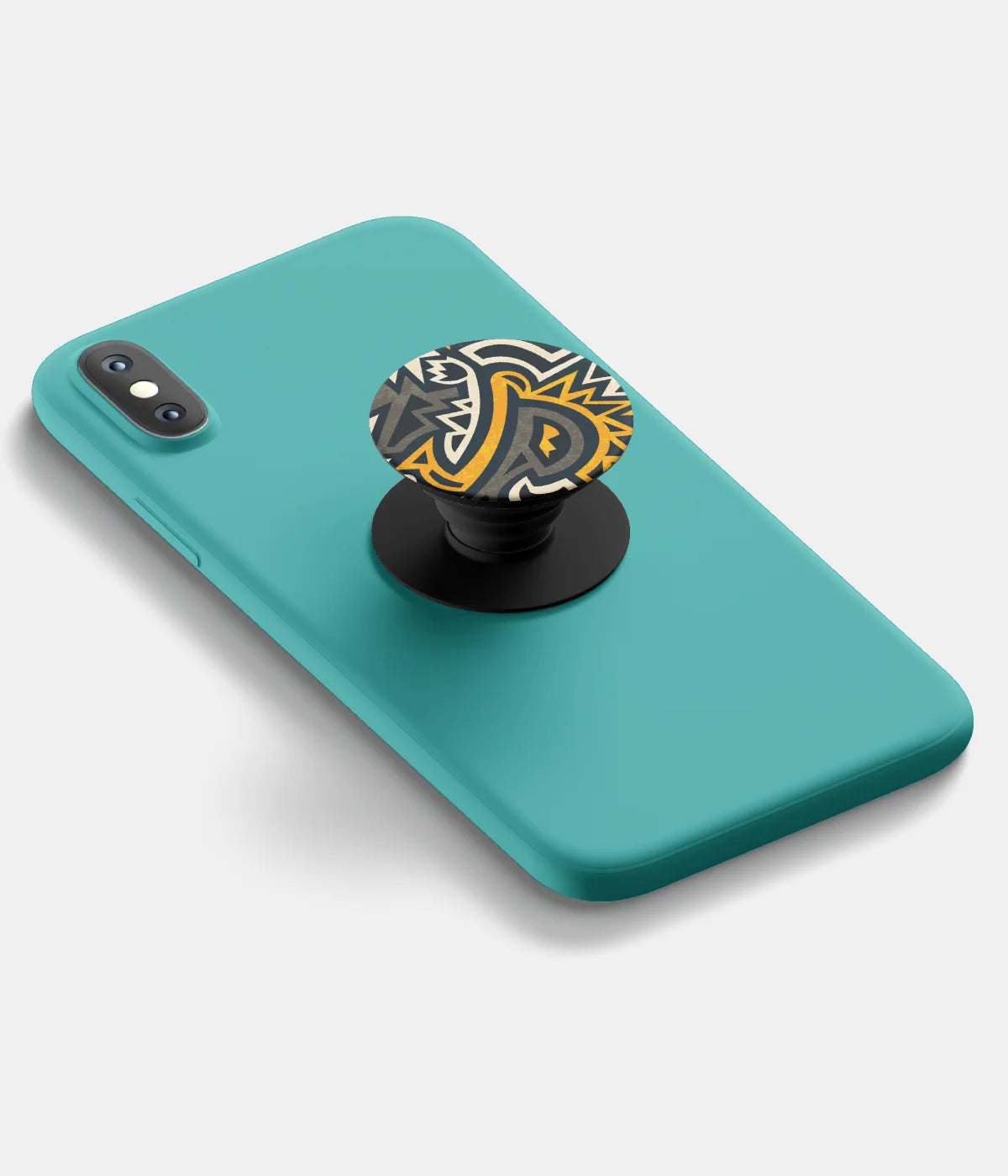 A top-down view of a phone grip holder attached to a mobile phone case on a white background