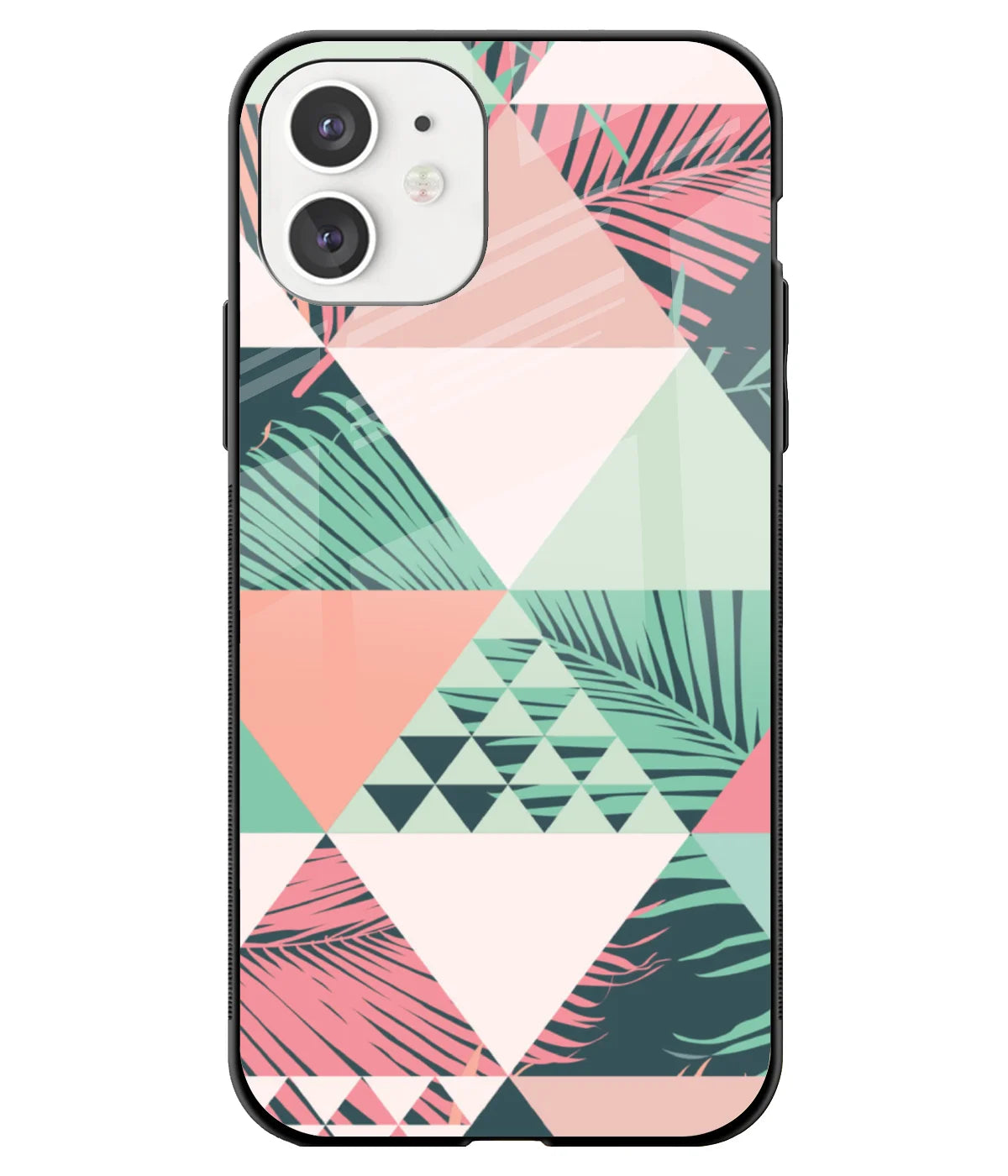 A front-on view of a glass phone case with a colorful design.