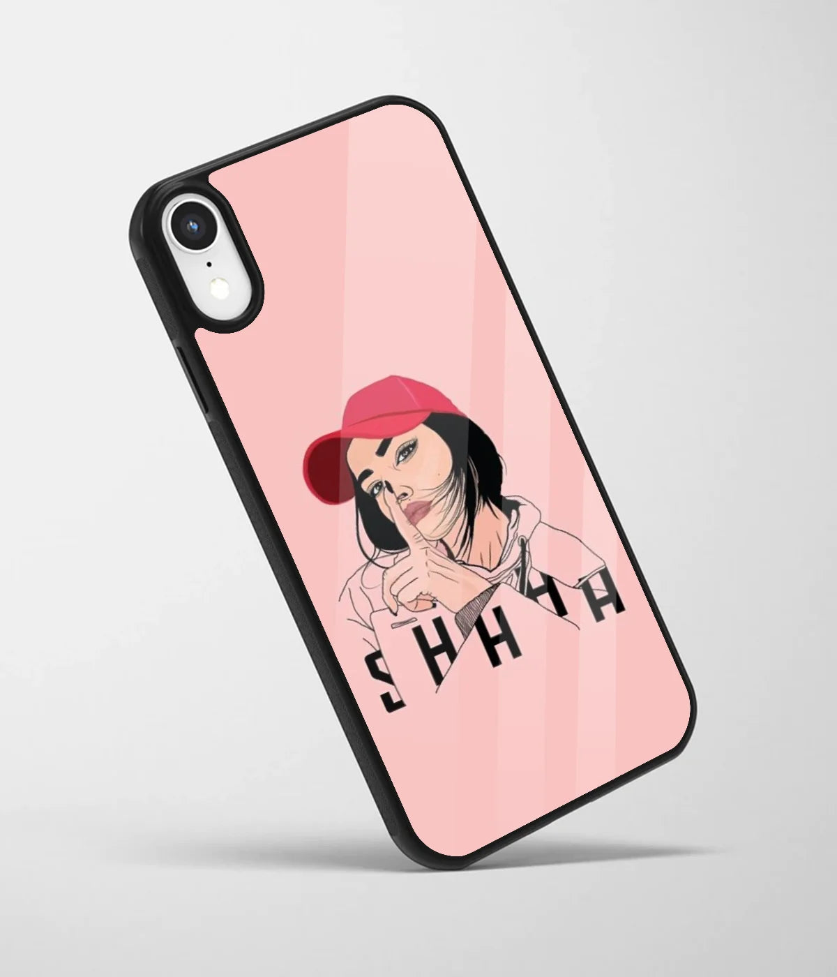 An angled view of a glass phone case featuring a vibrant design.