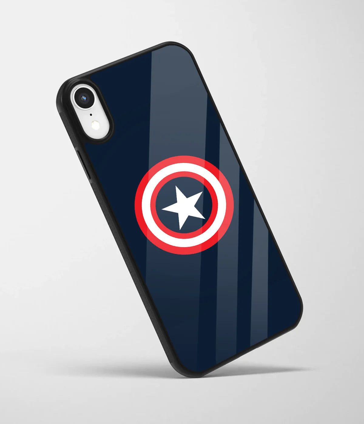 An angled view of a glass phone case featuring a vibrant design.