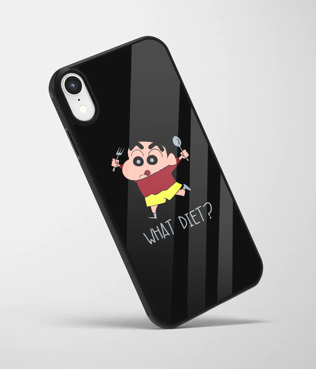 An angled view of a glass phone case featuring a vibrant design.