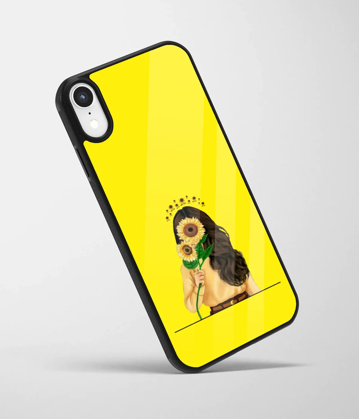 An angled view of a glass phone case featuring a vibrant design.