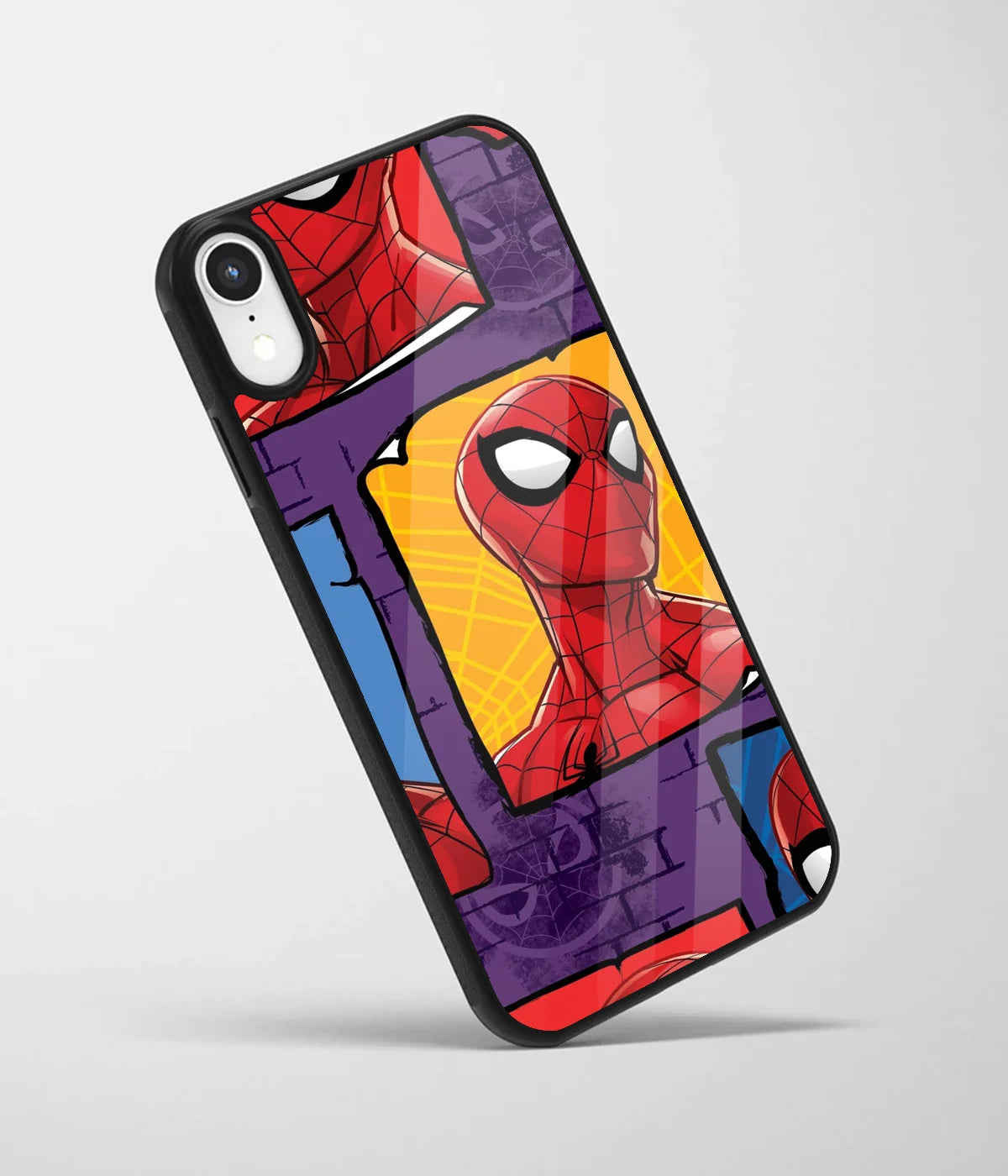 An angled view of a glass phone case featuring a vibrant design.