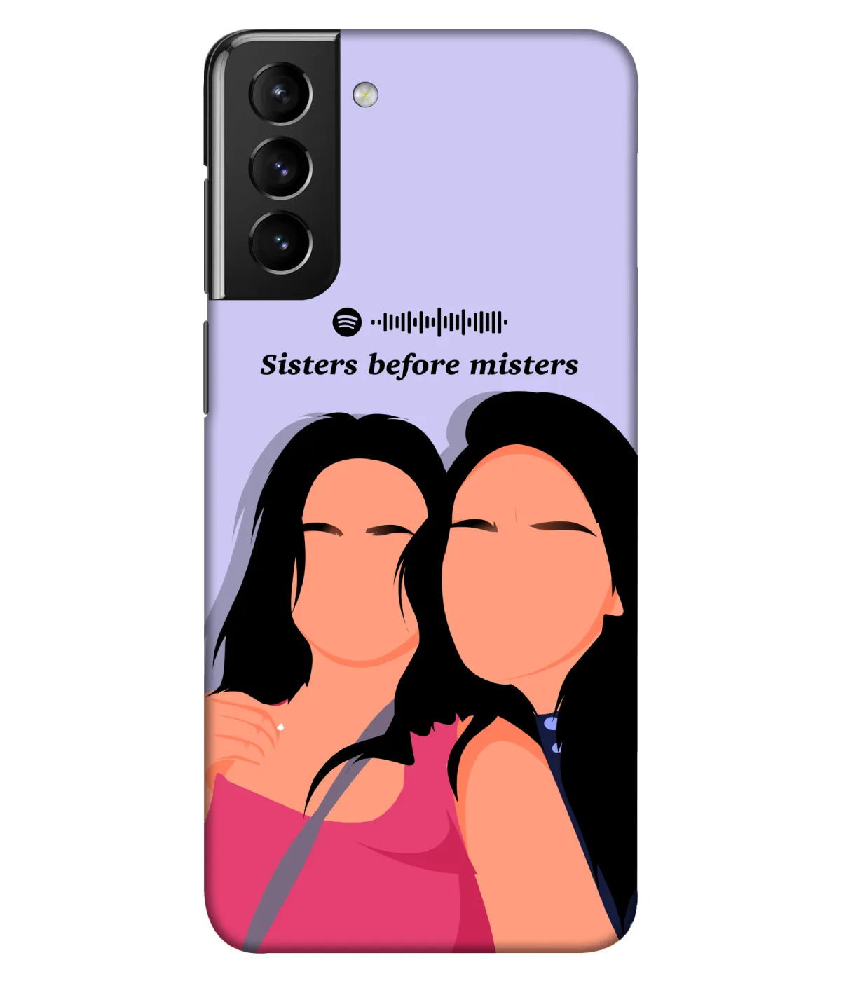 Custom digital illustration slim hard phone case showing two friends with a Spotify code and text on a lavender background.