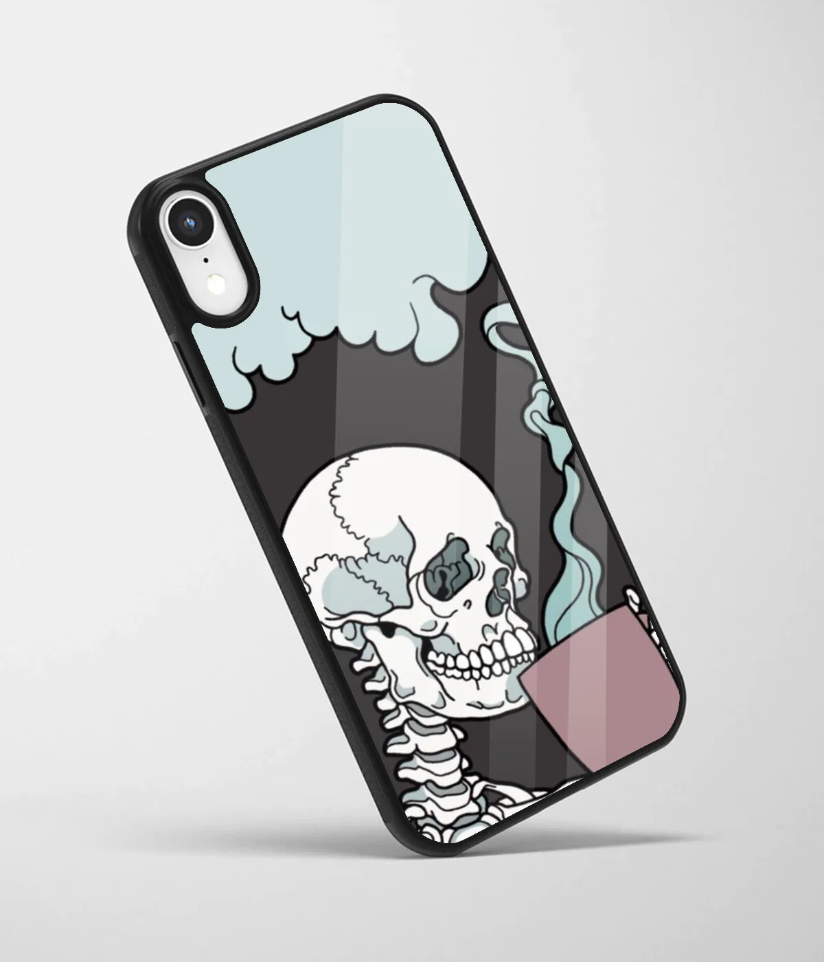 An angled view of a glass phone case featuring a vibrant design.
