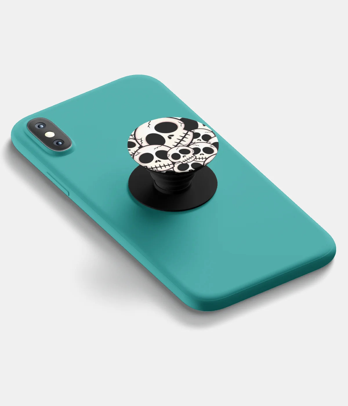 A top-down view of a phone grip holder attached to a mobile phone case on a white background