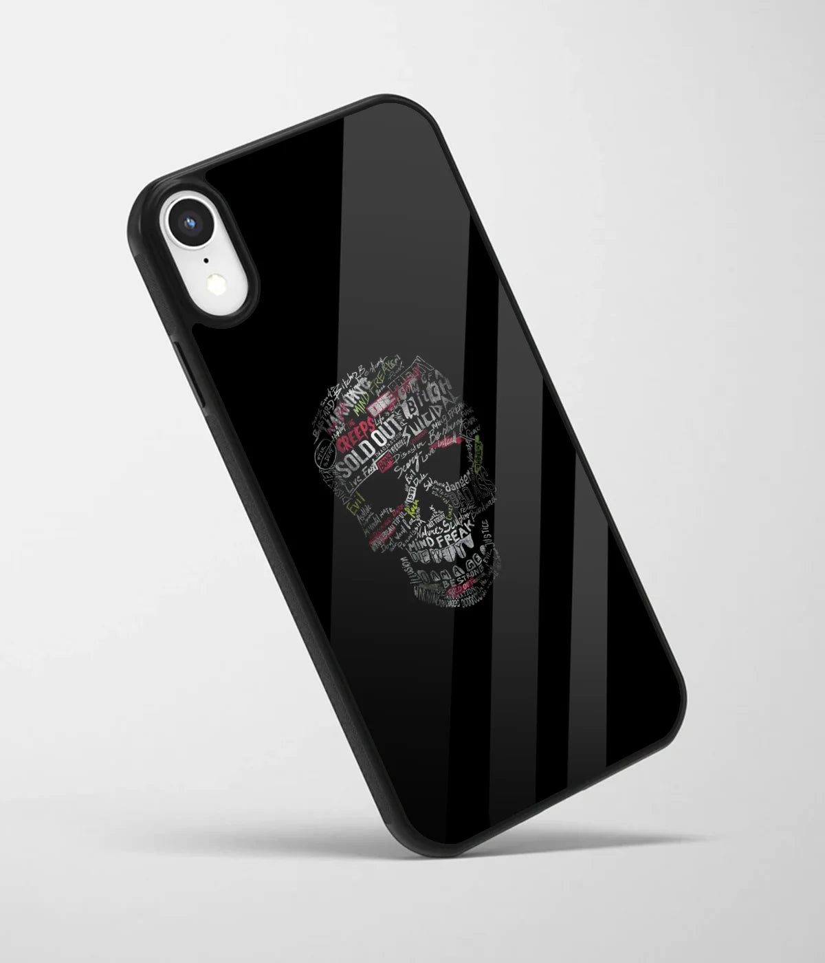 An angled view of a glass phone case featuring a vibrant design.