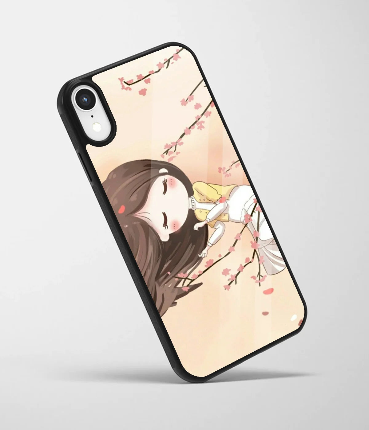 An angled view of a glass phone case featuring a vibrant design.